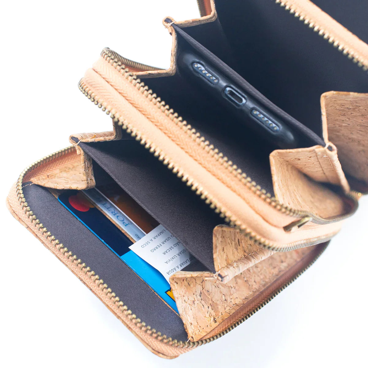 Cork Crossbody Phone Bag with Triple Zipper Design PBAG-121A