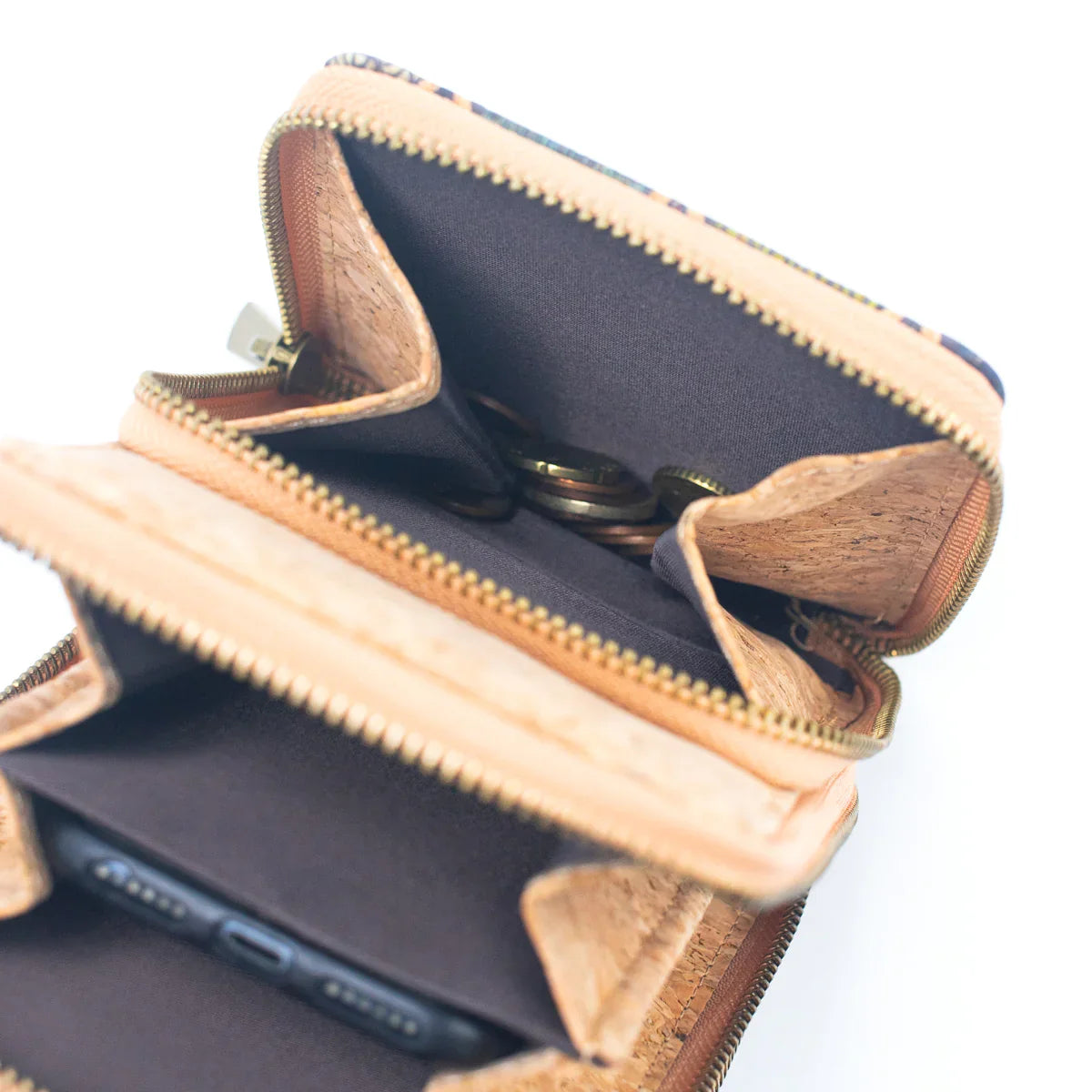 Cork Crossbody Phone Bag with Triple Zipper Design PBAG-121A